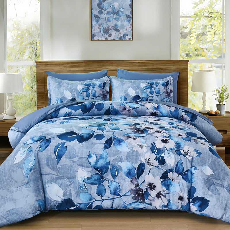 Ensemble d'édredon floral 7 pièces 7 pièces, Édredon de très grande taille et 6 pièces suppl, Motif floral bleu 2