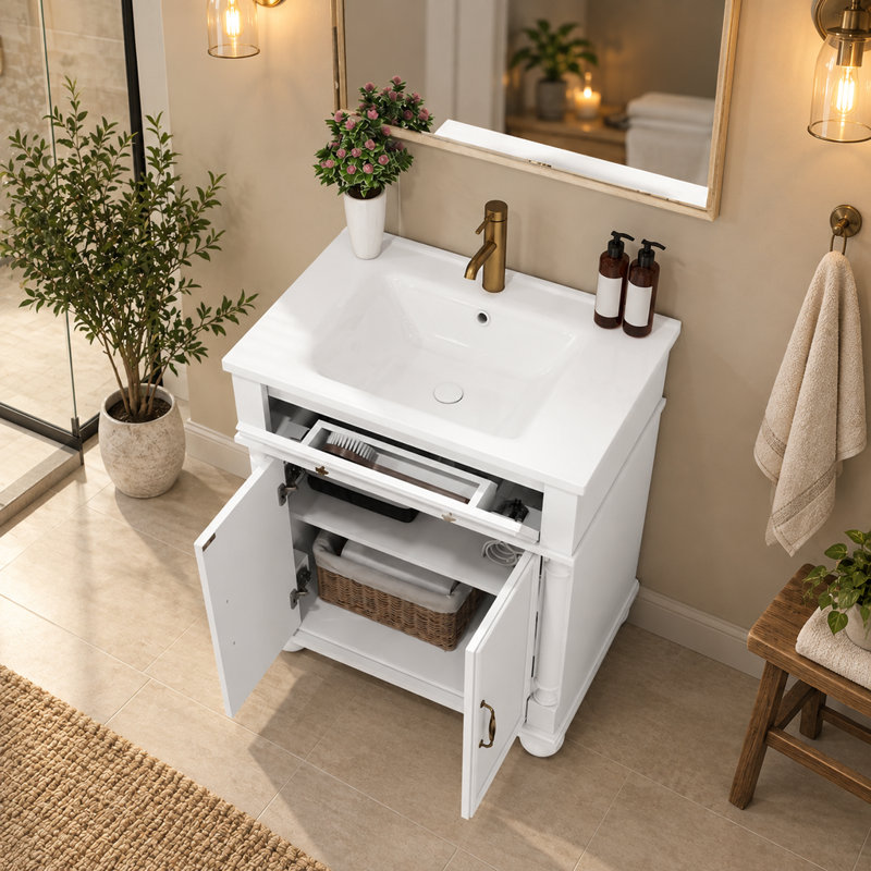 Lavabo de salle de bain sur pied blanc de 71 cm (27,94 po), style milieu du siècle avec base à colonnes romaines