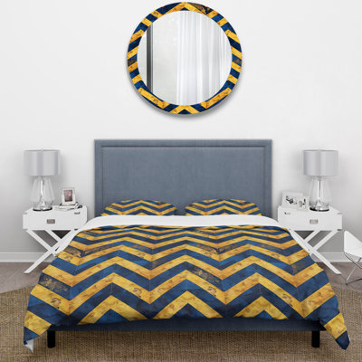 Blue Gold Glamour Chevron VI - Midcentury Duvet Cover Set