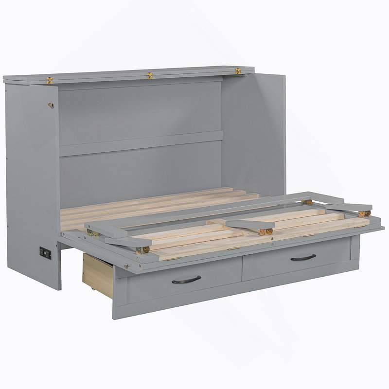 Lit escamotable double avec grands tiroirs, gris, Double