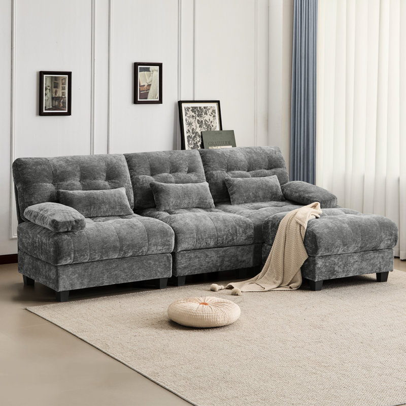 Avec une capacité de poids de 350 lb pour chaque siège, réglable en 3 + 1 et 4 positions de 93 pouces, chenille grise, 3 coussins décoratifs élégants, profondeur de 84,86 pouces, préférences en matière de confort personnel