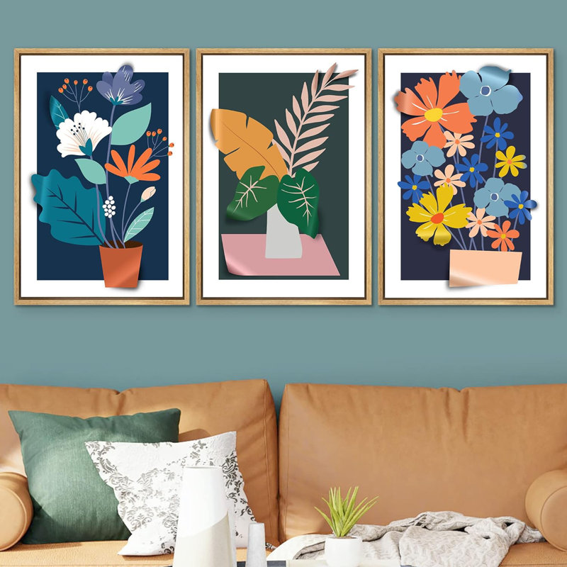 «Vibrant Jungle Garden Flower Plants Colorful Illustration Modern Art Decor Nordic Rustic» 3 pièces, Naturel
