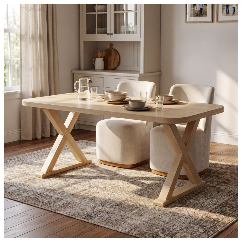 Table de salle à manger rectangulaire d'intérieur en placage de chêne naturel avec pieds en bois d'hévéa en forme de X, 175 cm (68,75 po).