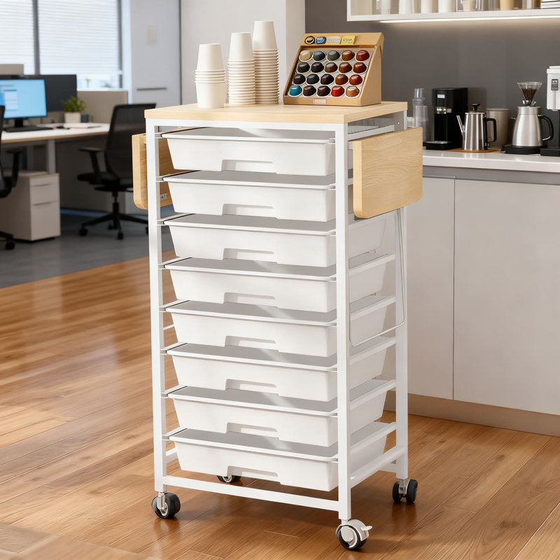 Chariot de rangement roulant 8 tiroirs avec plateau en bois et panneaux latéraux, chariot de rangement mobile avec roulettes pour bureau