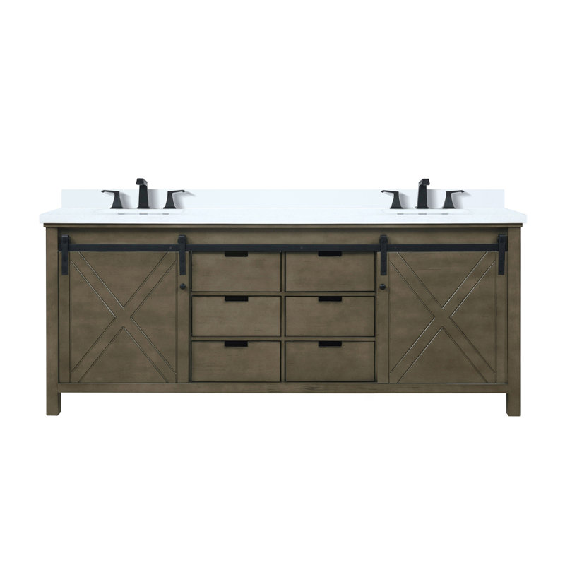 Meuble-lavabo double brun rustique 80 po X P 22 po D, ensemble de comptoir et robinet en quartz blanc, Brun rustique, 80"