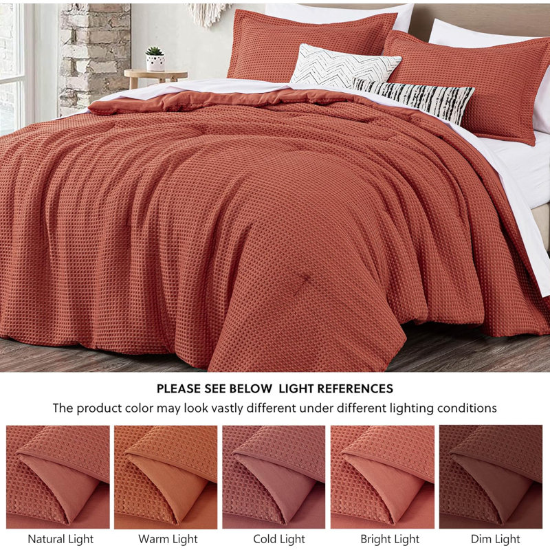 Wilmer Waffle Weave Textured Comforter Set, Queen Comforter + 2 Standard Shams, Terracotta