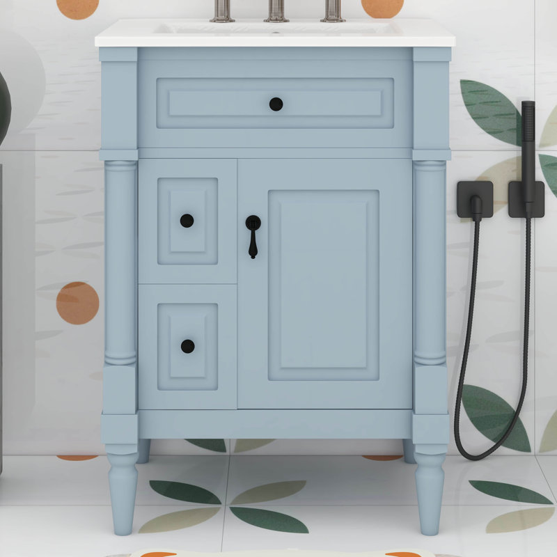 Ensemble de meuble-lavabo 24 po avec lavabo, ensemble de meuble-lavabo autoportant avec tiroir rabattable, 2 tiroirs et tablette réglable