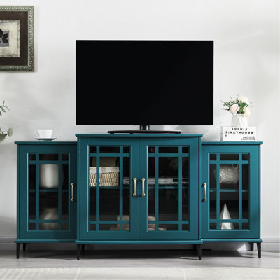 Buffet de 157 cm (62 po) bleu turquoise, fabriqué avec des matériaux de qualité et des composants en verre. Structure de meuble télé bleue. Aménagement d'étagères pratique.