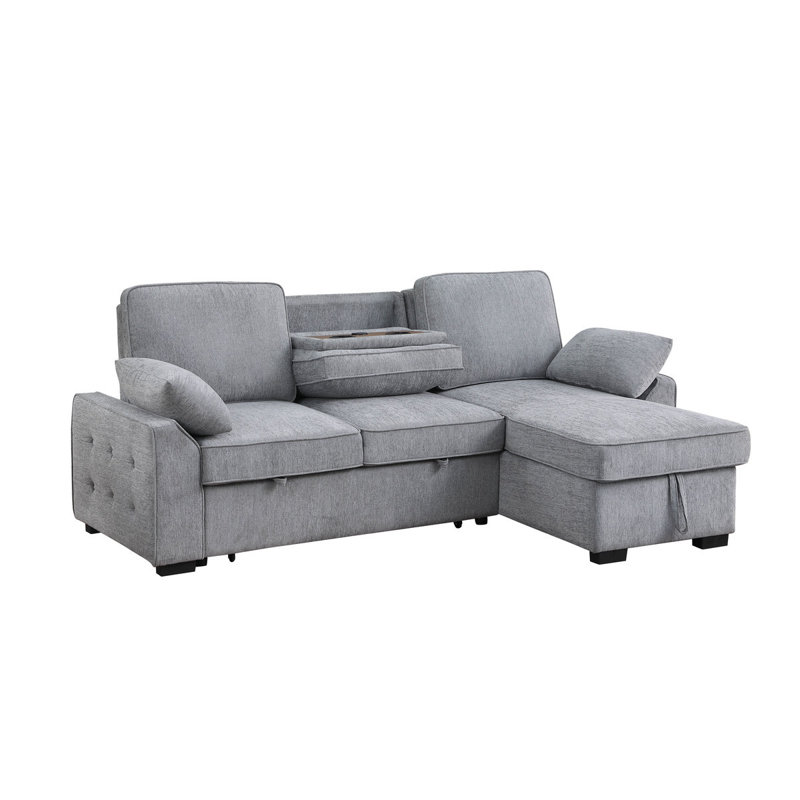 Marcello 91"W Light Gray Chenille Fabric Reversible Sleeper Sectional With Storage Chaise, Dropdown Table, Cup Holders And Charging Ports