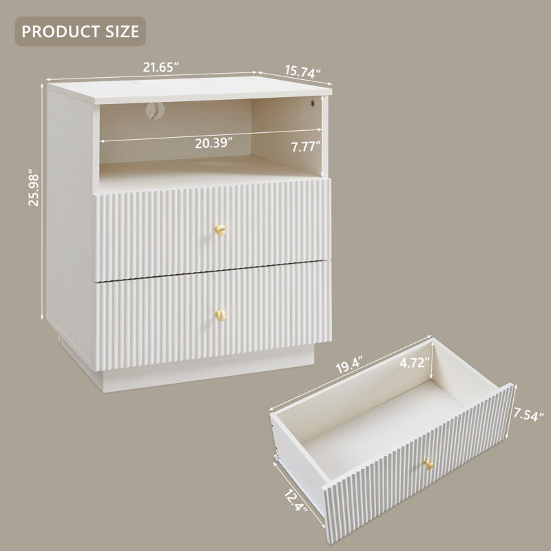 Aberdeen Modern End Table with Charging Station & Open Shelf, 2 Drawers Fluted Profile Design for Living Room , Bedroom,White
