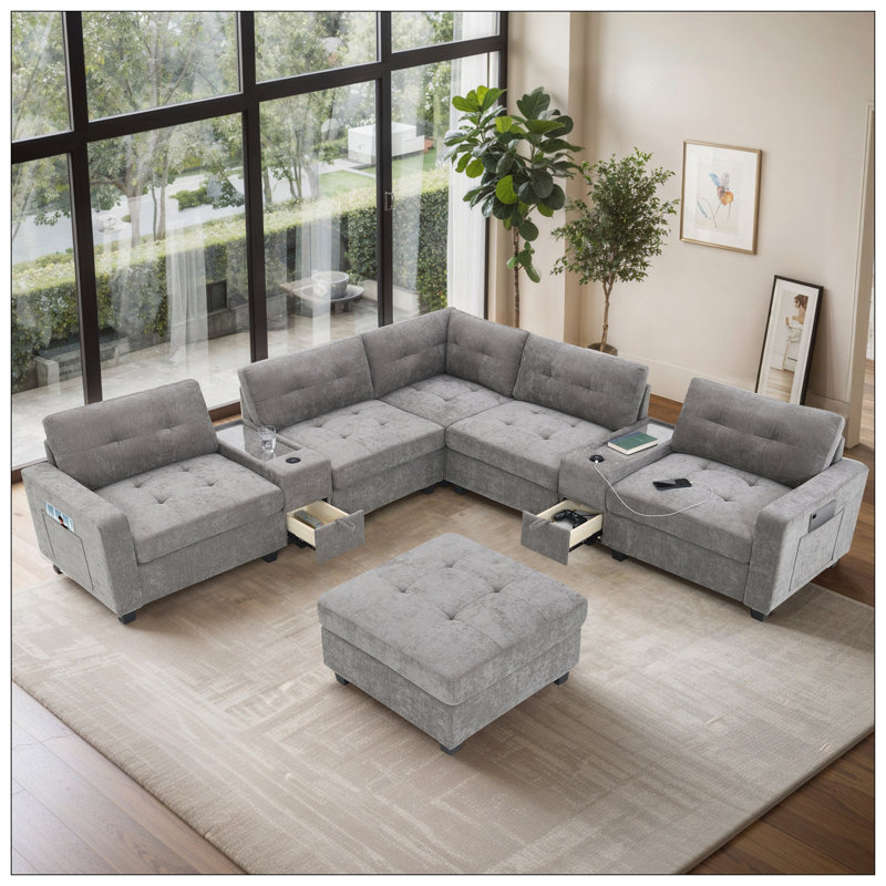 Canapé modulaire en chenille de 104 po en U avec table en acrylique, chargement USB, rangement et repose-pieds mobile pour la vie moderne