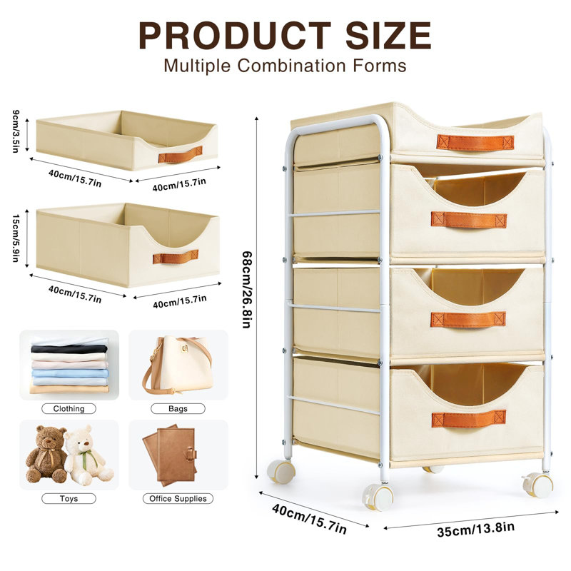 Closet Organizer And Storage 4 Layers, Fabric Clothes Drawer Storage Box, Stackable Rolling Storage Trolley With Wheels,(Beige)