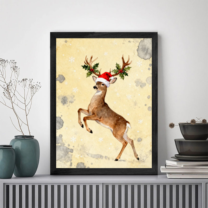 Renne de Noël rétro encadré noir portant un chapeau de père Noël, impression d'art de style rétro, H 17 po x l 13 po