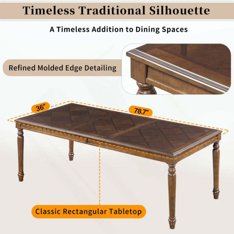 Table de salle à manger rectangulaire traditionnelle avec plateau en bois et pieds tournés pour la salle à manger et la cuisine