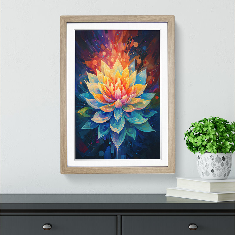 Lotus Flower Orphism - Single Picture Frame Print on Wood, Oak, 34cm H x 25cm W x 2cm D