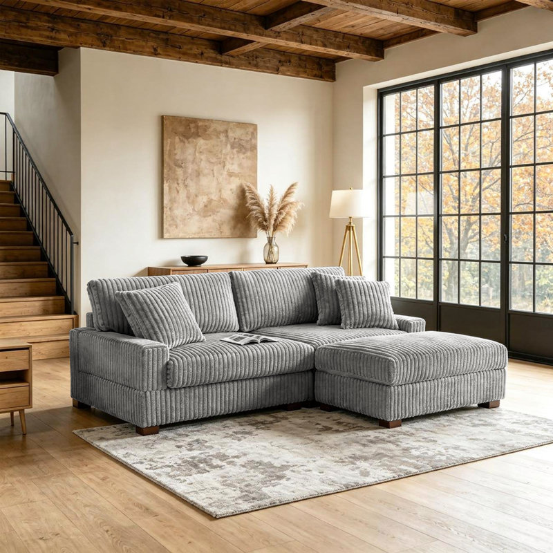 Canapé modulaire rembourré 3 pièces en flanelle de fourrure de lapin gris clair avec coussins décoratifs et repose-pieds 3 pièces