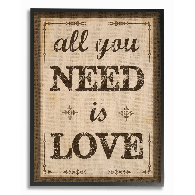 «All You Need Is Love», reproduction d'art textuel sur toile, H 20 po x l 16 po, Giclée encadrée noir minuit
