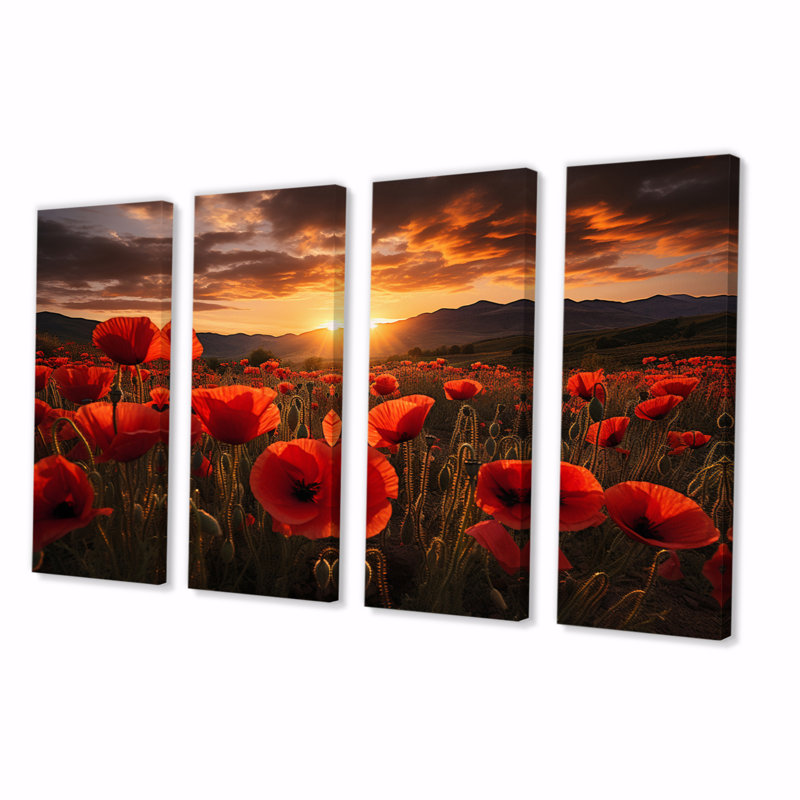 " Poppies Field With Sunset " 4 - Pieces