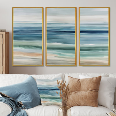 Blue Green Parallel Beach Of Abstract Coastal Landscape  - Beach Large Wall Art Print Set