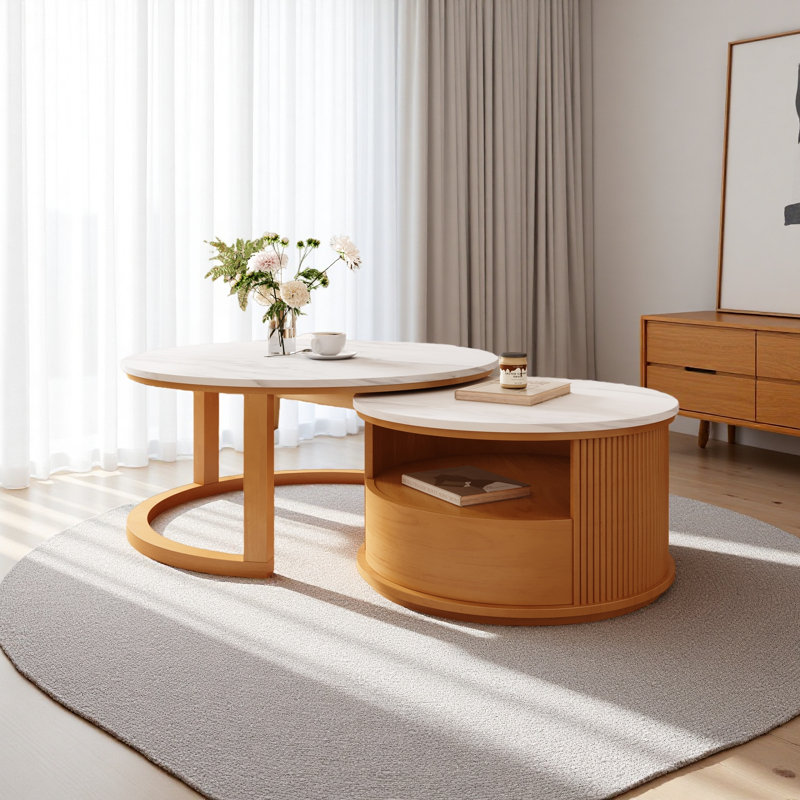 Table basse ronde gigogne avec plateau en marbre blanc, rangement à 2 niveaux et 1 tiroir