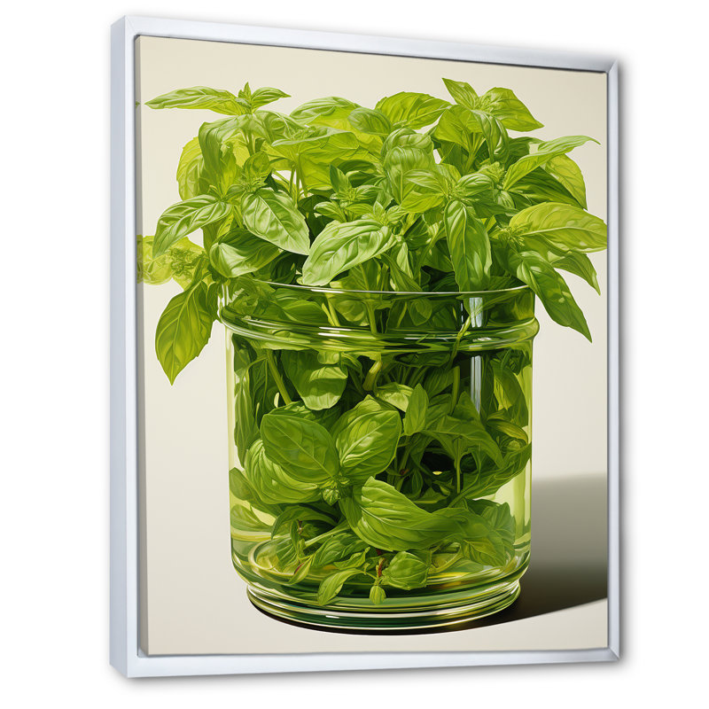 «Green Minimalist Herbal Harmony II - Floral Herbs», art mural, Cadre flottant blanc, H 32 po x l 16 po