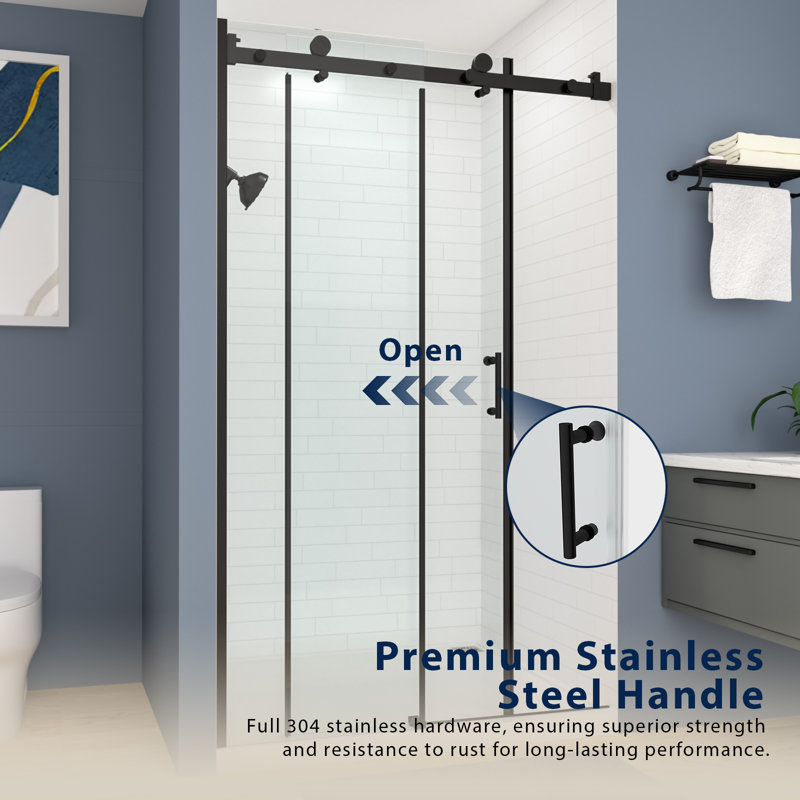 48" X 76" Semi-Frameless Single Sliding Shower Door With Clear Tempered Glass, Matte Black