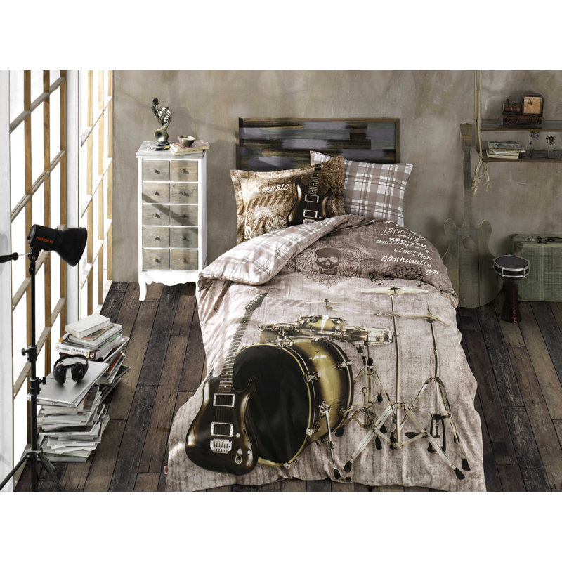 Ensemble de housse de couette en popeline 100% coton, avec housse de couette (63 x 87), drap plat (63 x 94), 1 taie d'oreiller (20 x 28) | Lavable à la machine, 152 fils, élégant design blanc et brun | Enveloppe durable et fermeture à boutons