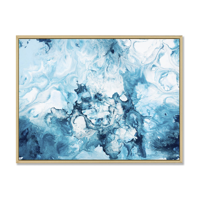 «Blue and White», peinture sur toile, H 16 po x l 32 po, Cadre flottant en érable