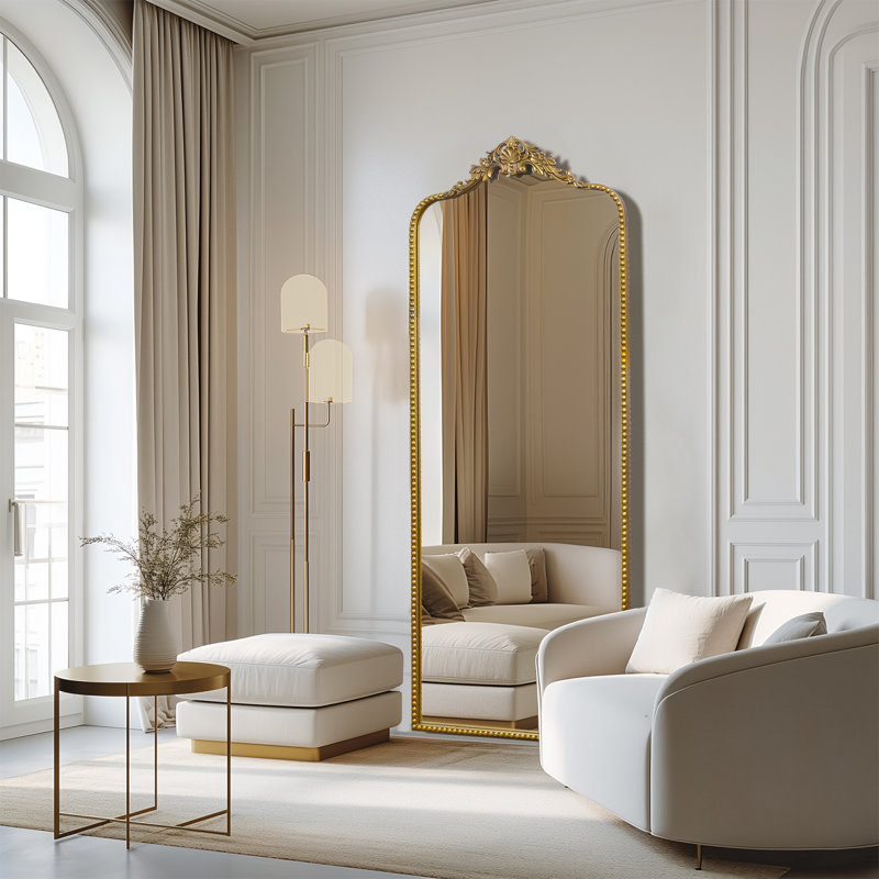 Miroir de plancher arqué antique, 75 po x 30 po, Or rétro
