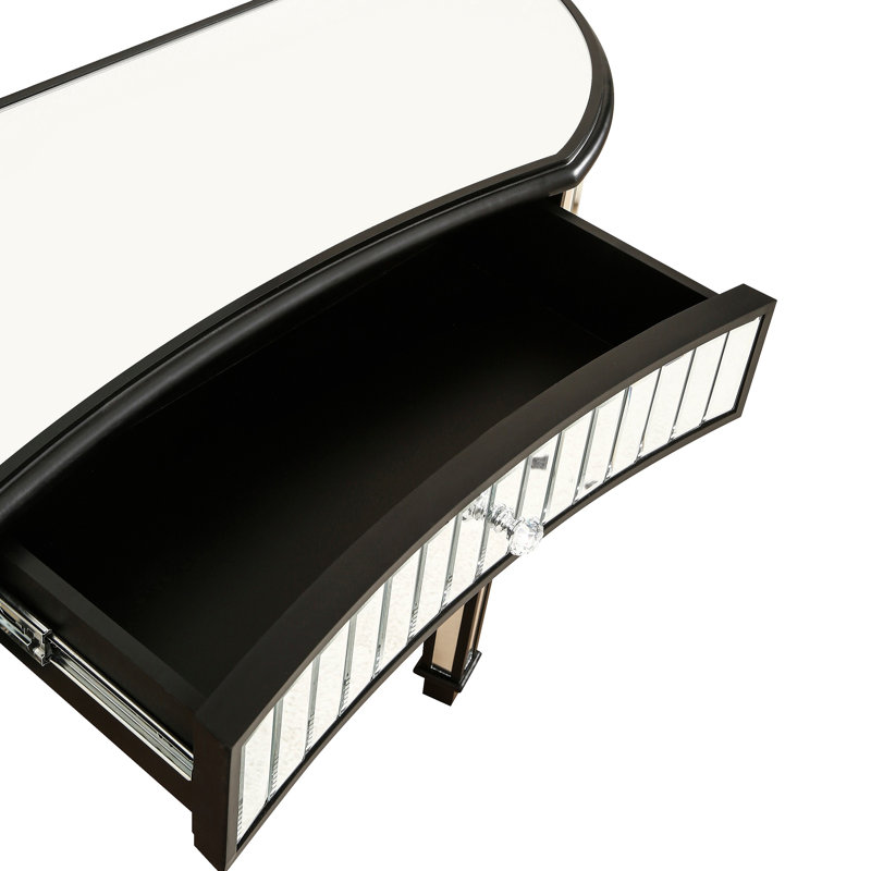 Console de 47 po avec miroir demi-lune et miroir en verre cannelé, Noir antique, Noir antique, Noir antique