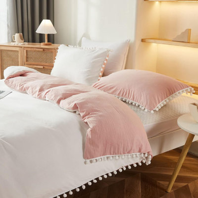 Pink Duvet Cover Twin Size Reversible Pom Pom Bedding Aesthetric Room Decor 2 Pcs Cute Ball Fringe Preppy Bedding Set Super Soft Lightweight Boho Comforter Cover(White&Pink,Twin)