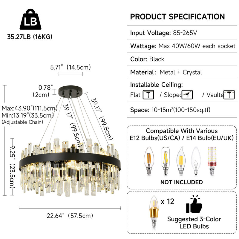 Bartolome Crystal Chandelier, 12 Lights, Matte Black, 24cm H x 60cm W x 60cm D