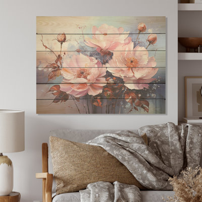 Beige Pink Roses Burgeon I - Flower Field Wood Wall Art On Natural Pine Wood