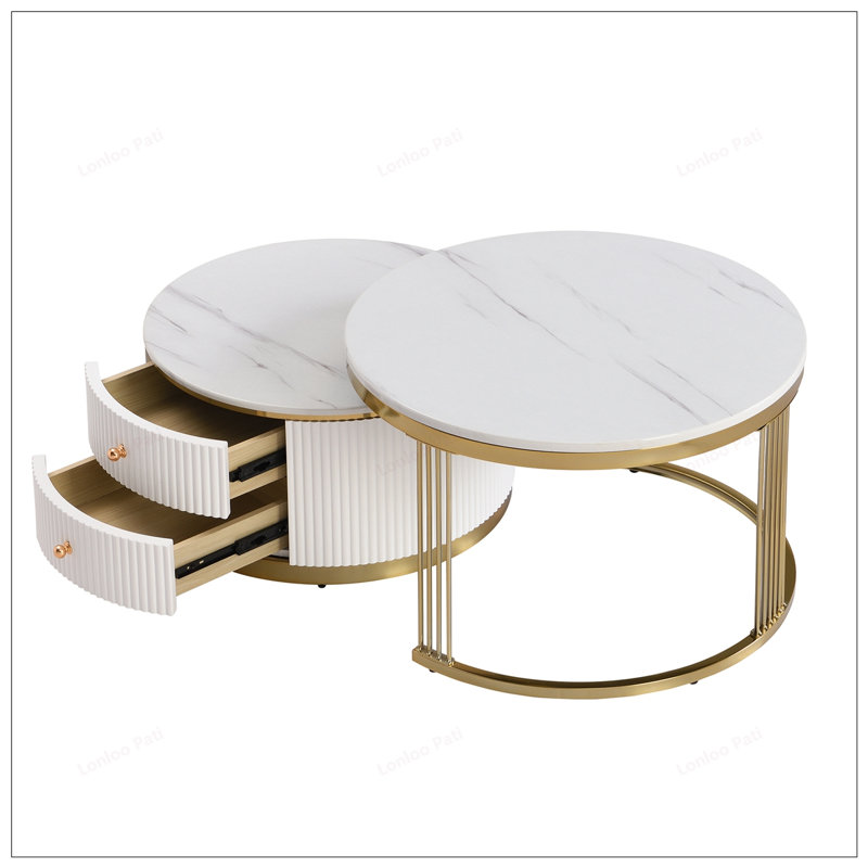 Modern Nesting Coffee Table Set with Drawers, Offering Flexible Arrangement and Convenient Storage for Contemporary Living Spaces.
