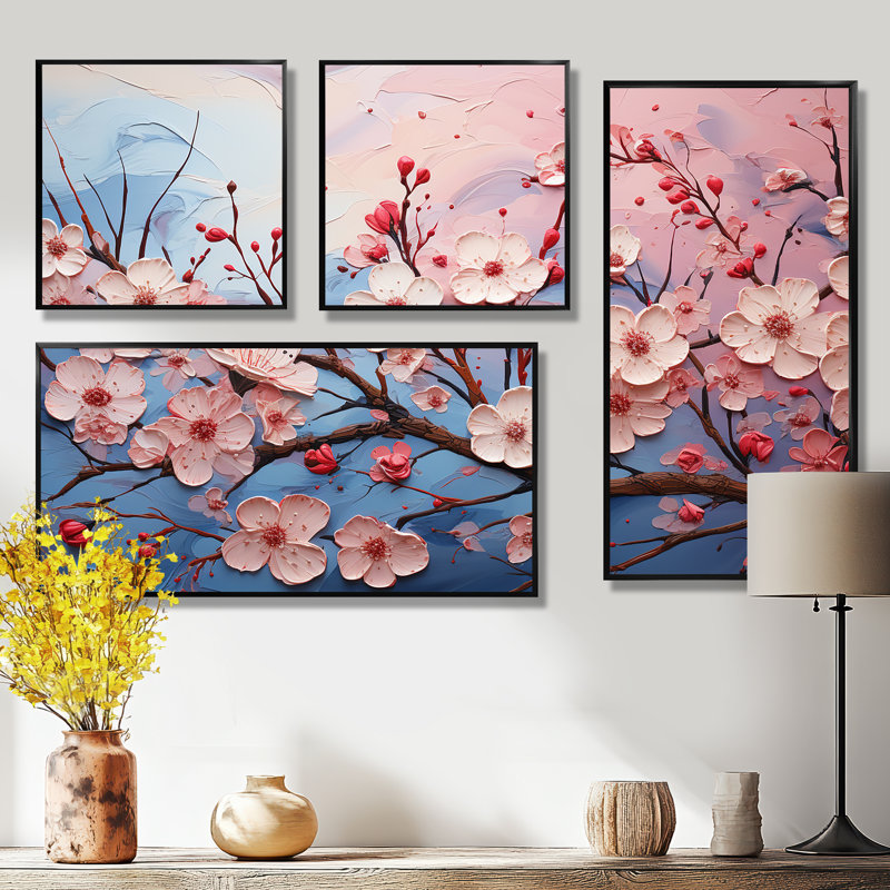 Fleurs de cerisier roses et bleues II - Décoration murale rose 4 pièces, Noir, Impression encadrée sans passe-partout
