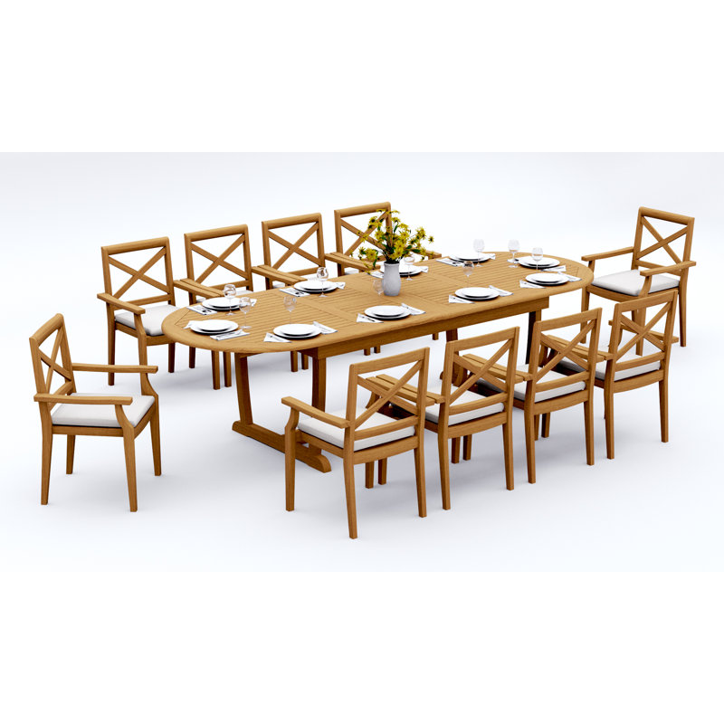 8 Seats 9 Pcs Grade-A Teak Wood Dining Set: 118" Double Extension Mas Oval Trestle Leg Table And 8 Granada Stacking Arm Chairs #11GR2708