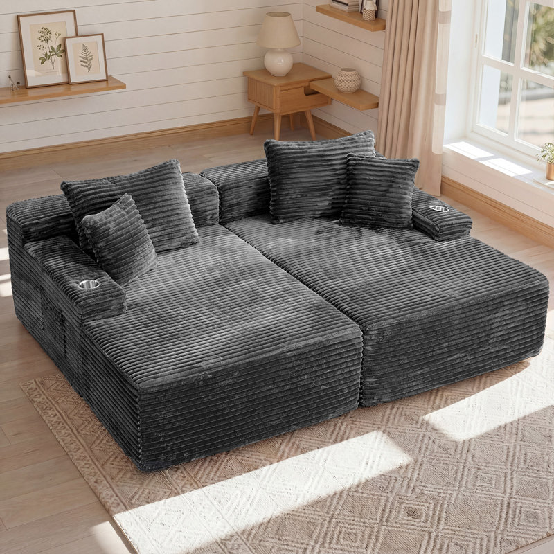 85" Wide Oversized Double Chaige Lounge Sofa Indoor, Upholstered Corduroy Sleeper Sofa Couch, No Assembly Needed, Gray