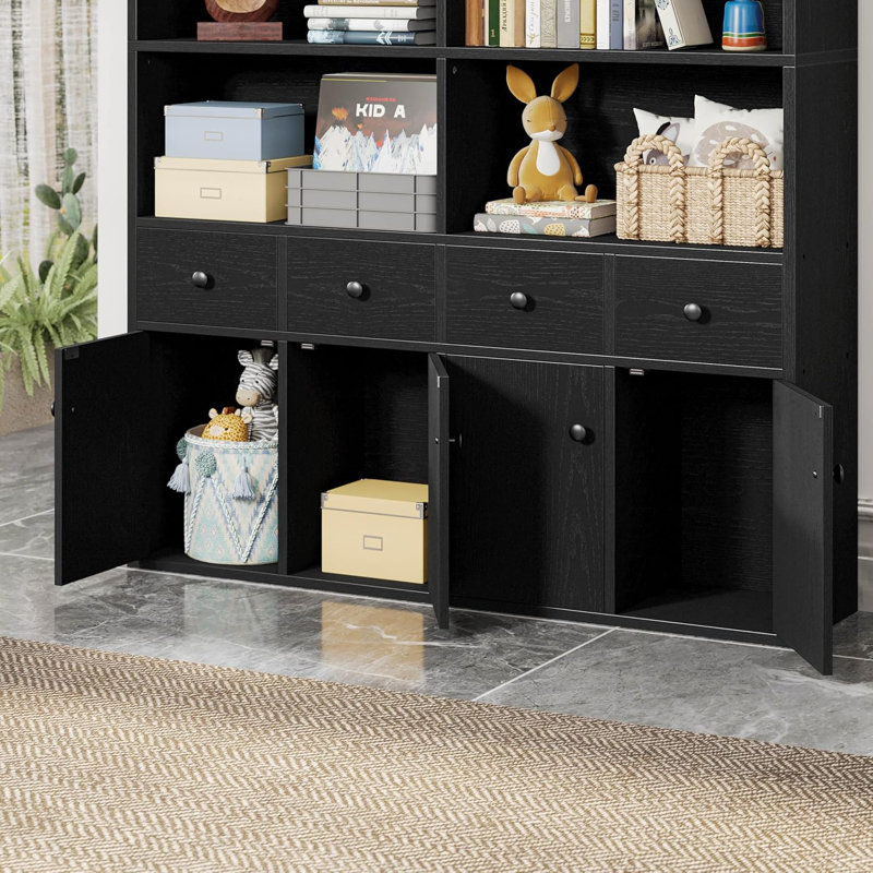 78.7" Bookcase with 4 Drawers and 4 Doors, 6 Tier Large Bookshelf with Storage., Vintage Black