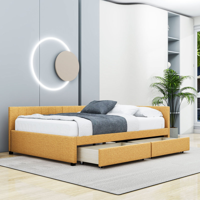 Lit de jour en lin avec 2 tiroirs Naoyuki, Jaune