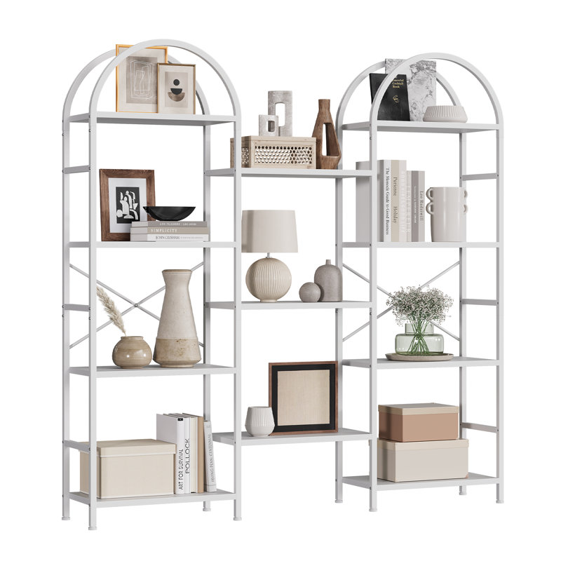 62.2"H Triple Wide 4 Tiers Industrial Bookshelf Arched Etagere Bookcase with Metal Frame for Living Room, White