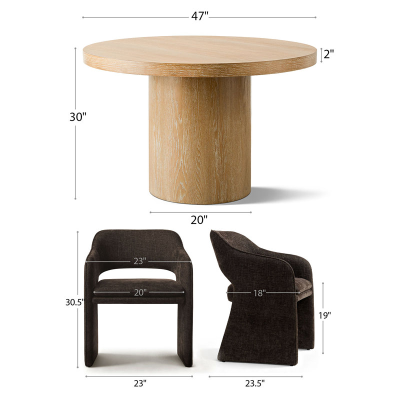 4 - Person Dining Table Sets With Solid Wood Round Table & 4 Upholstered Fabric Chairs, Brown, Natural