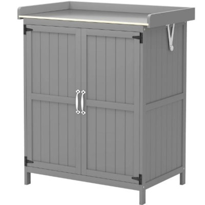 Wooden Potting Bench with 2 Doors & Metal Tabletop, Outdoor Garden Storage Cabinet & Tool Shed with Shelf