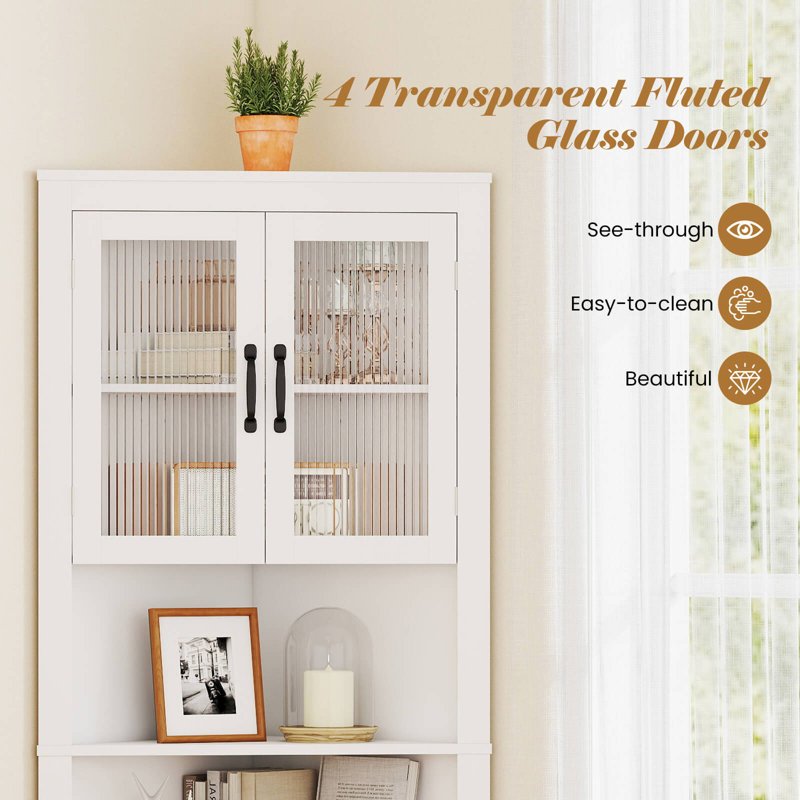 Grand bahut d'angle 67 po avec 4 portes cannelées en verre à 3 niveaux réglables - blanc
