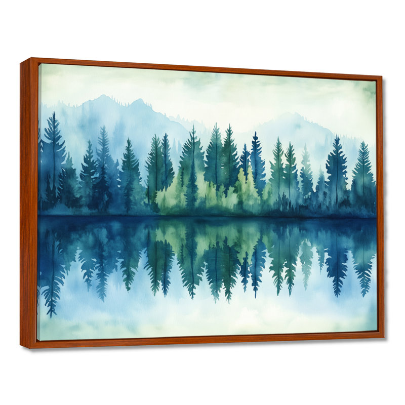 «Forest River Reflection I - Green Landscape», art mural, Cadre flottant brun, H 24 po x l 32 po