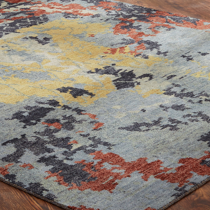Wool Abstract Area Rug in Blue/Brown/Red, Rectangle 4' x 6'