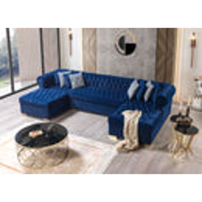 Velvet U-Shaped Sectional Symmetrical, Navy Velvet