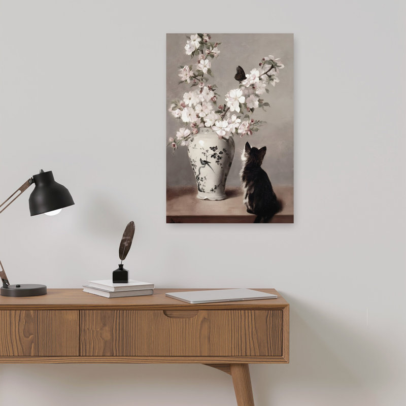 «Curious Kitten And Blossoms Peaceful Contemporary», H 18 po x l 12 po