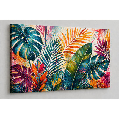 Grandes feuilles tropicales colorées, art mural 24 x 36 pouces, peinture botanique abstraite, art de la nature moderne, décoration murale vibrante pour le salon, la chambre à coucher - prêt à être accroché