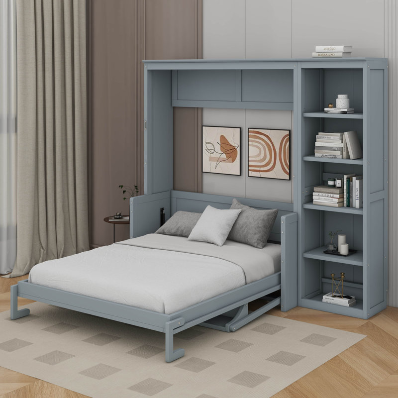 Lit escamotable double avec bureau et bibliothèque, gris, Double