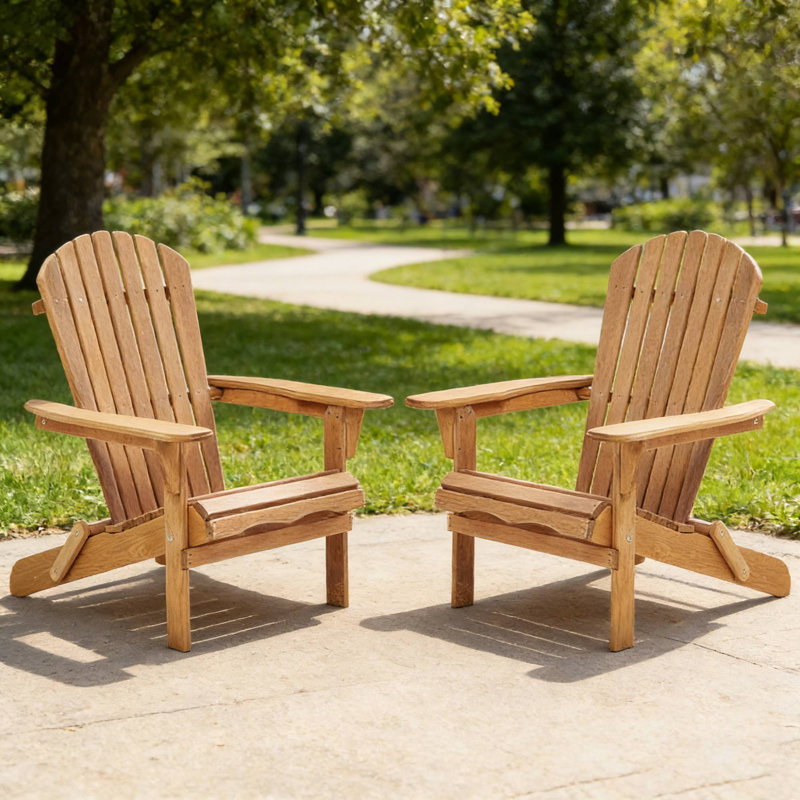 Set Of 2 Wooden Outdoor Folding Adirondack Chairs - Half Assembled For Garden, Lawn & More, Light Brown